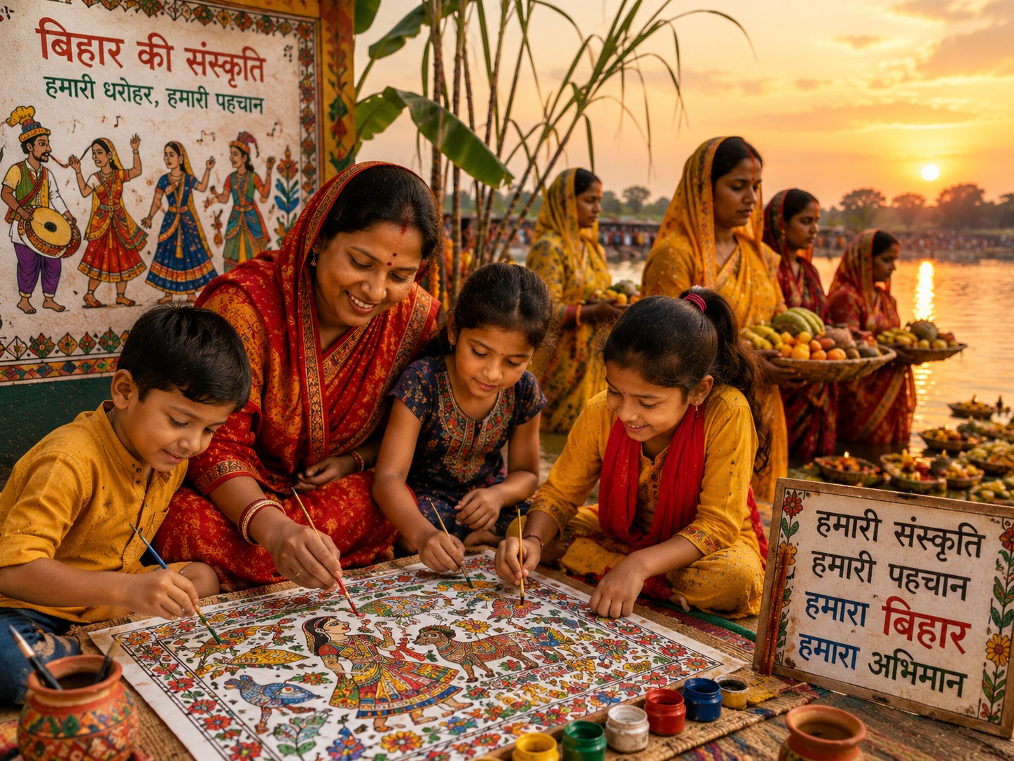 Bihar ki lok sanskriti — Madhubani painting, Chhath ya lok geet ka drishya, bachchon ke saath