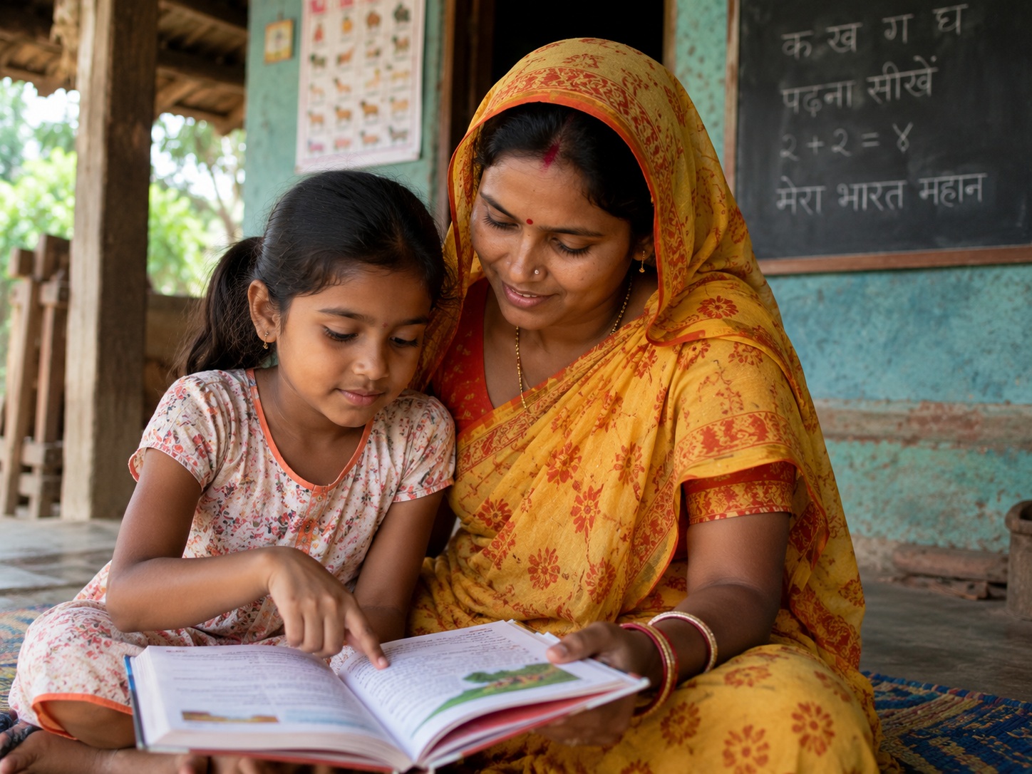 Ek bachcha kitaab padhte hue, ghar ya school ke saadgi bhare mahaul mein, dhyan se seekhte hue