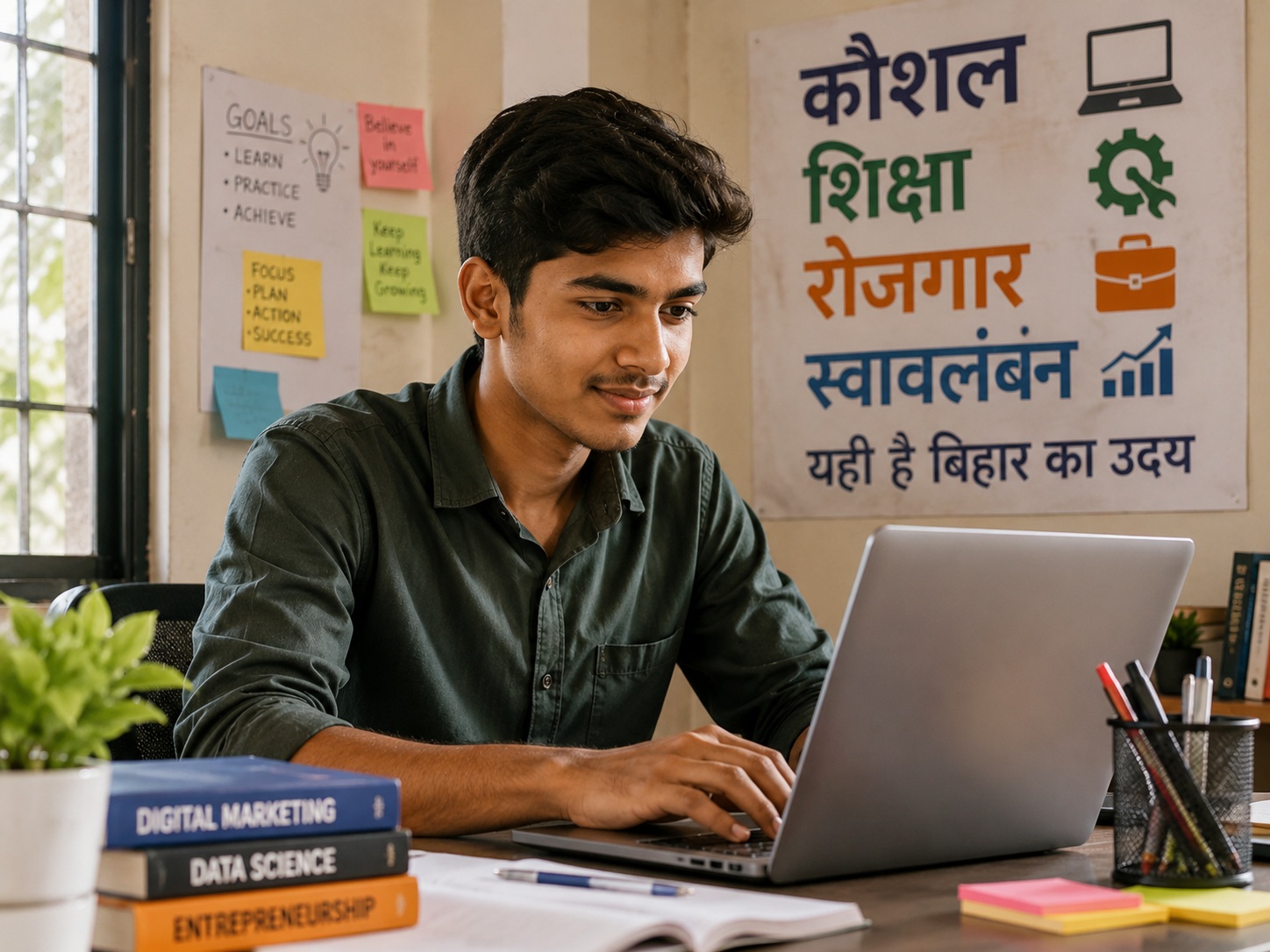 Ek yuva vyakti computer, laptop ya digital tool ka istemal karte hue, aatmavishwas ke saath